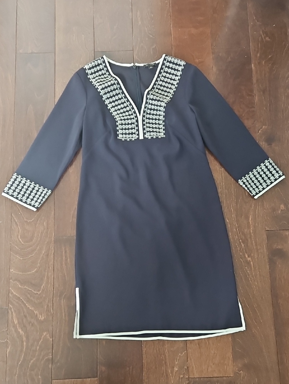 Ann Taylor Navy Dress with White Trim and Embroidered Accents